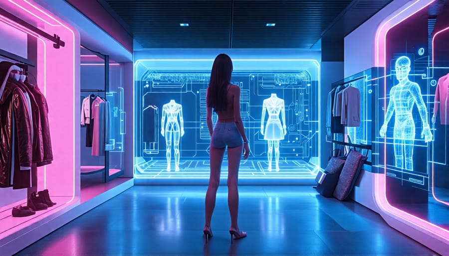 Futuristic scene of fashion enthusiasts using holographic virtual fitting rooms and wearing smart tech accessories in a stylish urban environment.