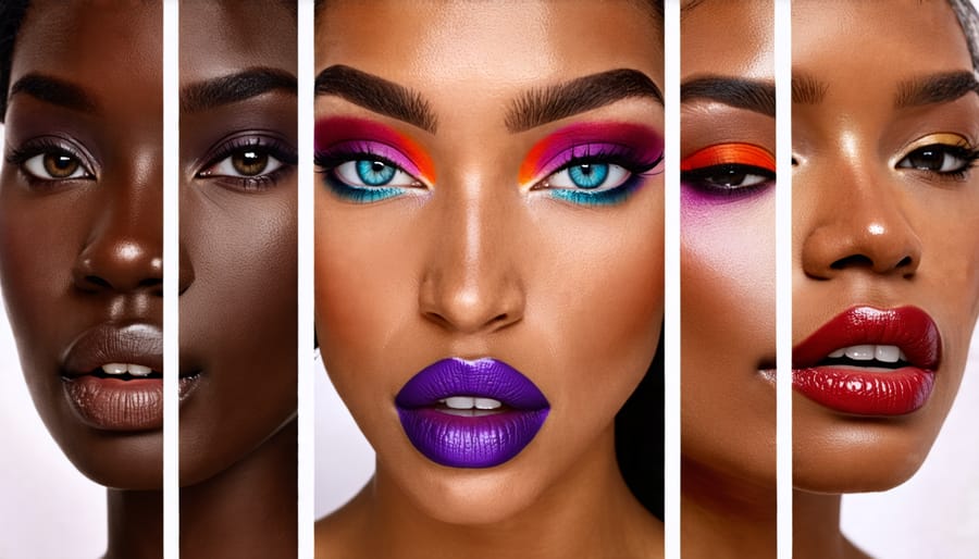 Showcase of diverse bold makeup styles including red lips, smokey eyes, graphic eyeliner, bright monochromatic, and glowing skin