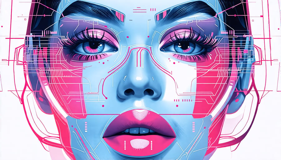 Conceptual illustration of AI-powered virtual reality makeup of the future