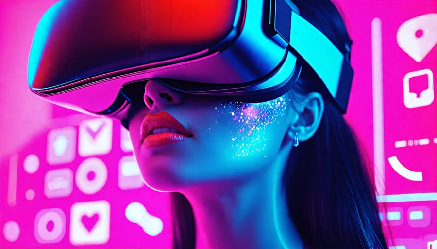 A woman wearing a VR headset with vibrant digital makeup overlays, surrounded by a virtual interface depicting makeup options.