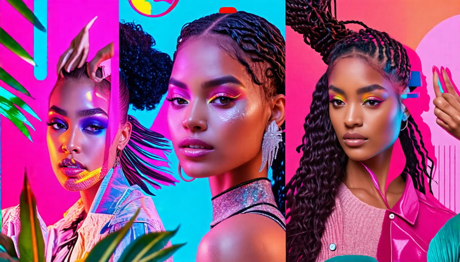 A digital collage depicting diverse Gen Z models with a mix of bold, minimalist, neon, and Y2K-inspired makeup looks, symbolizing the influence of TikTok on beauty trends, set against a backdrop of sustainable beauty imagery.