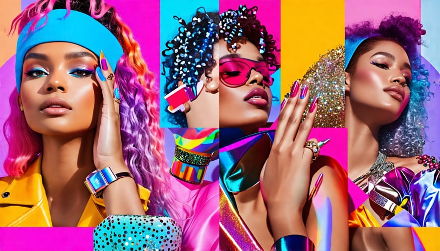 A colorful collage of Gen Z beauty trends, showcasing vibrant hair, bold gender-neutral makeup, expressive nail art, and retro accessories, set against a background of shimmery and natural tones.