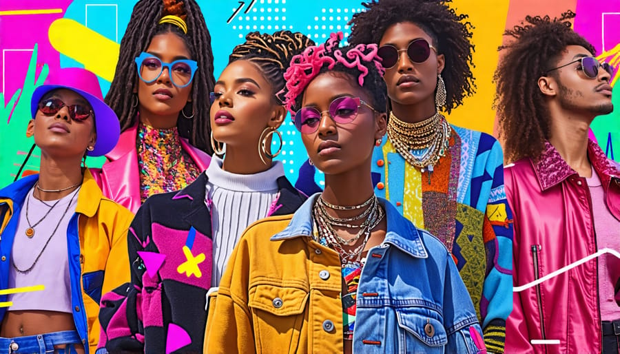 A colorful collage of diverse Gen Z influencers displaying their unique and bold fashion styles, emphasizing individuality and sustainable practices.