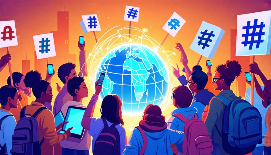 Diverse group of young activists gathered around a glowing digital globe, utilizing smartphones and laptops to drive social change, symbolizing the interconnected power of Gen Z activism in addressing global issues.