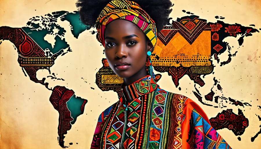 A conceptual collage showcasing elements of global fashion, featuring African wax patterns, Asian embroidery, and Latin American textiles, set against a world map to symbolize cultural diversity and the interconnectedness of fashion.