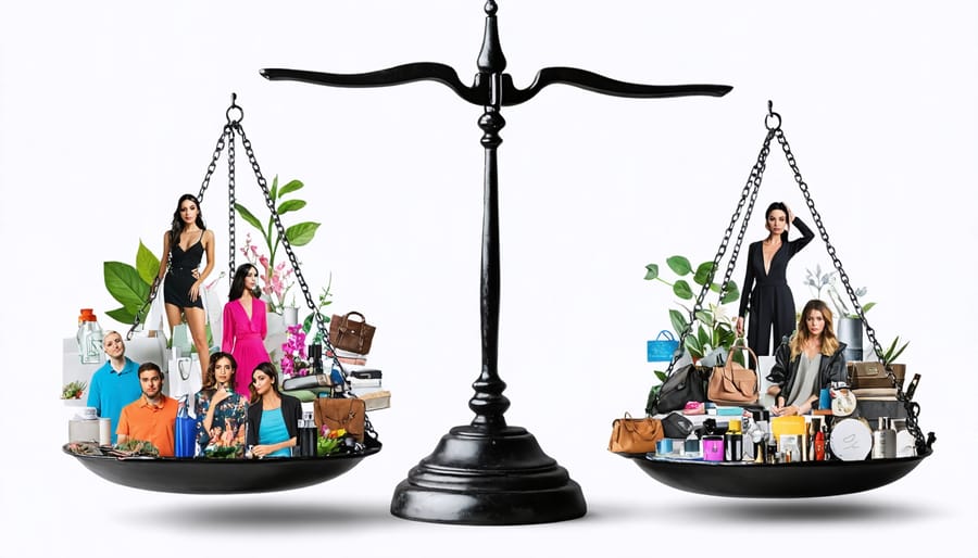 Digital collage showing a pair of scales balancing sustainable fashion and fast fashion, with influencers depicted at the center contemplating the weight of their influence on the sustainable fashion movement.