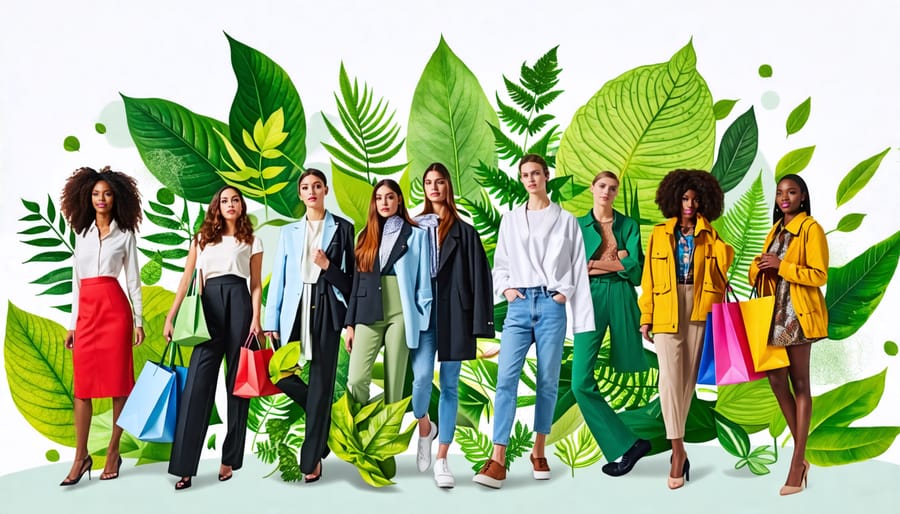 Diverse individuals thoughtfully curating their wardrobes with a focus on sustainability and versatility, symbolizing mindful shopping and personal style evolution.