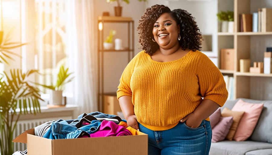 Enthusiastic plus size woman surrounded by stylish outfits from her fashion subscription box, showcasing the joy of personalized shopping.