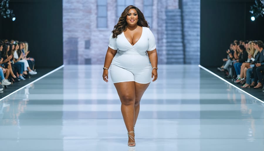 Confident plus-size model showcasing fashionable outfit on catwalk