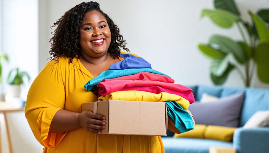 Happy curvy woman unboxing a fashion subscription package with excitement