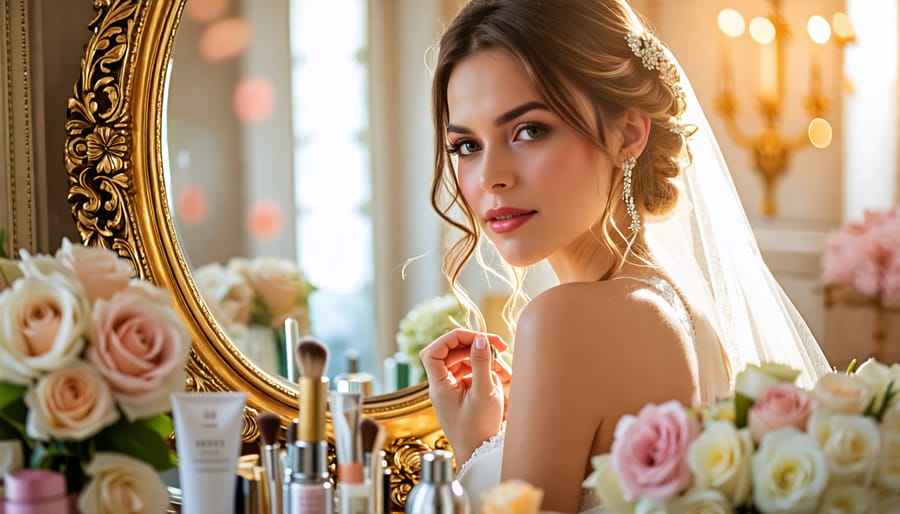 A bride admires her reflection in a mirror, surrounded by beauty products and flowers, showcasing her glowing beauty and confidence before her wedding day.