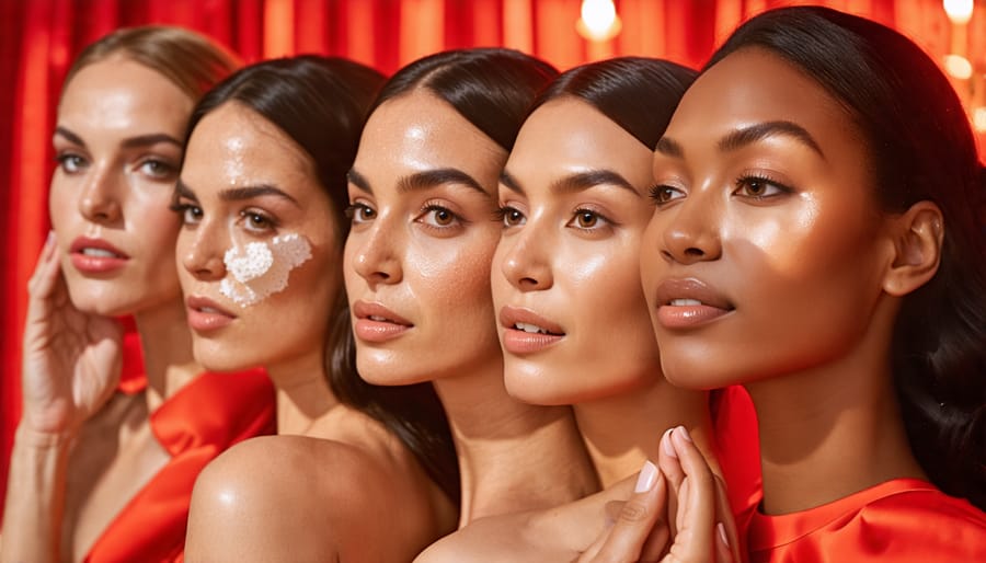 "Diverse women applying skincare products with glowing skin, enjoying a red-carpet-themed backdrop."