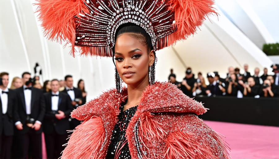 Rihanna's bold and iconic Met Gala look featuring a statement coat and headdress