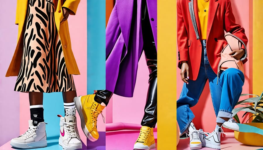 Collage of diverse women's outfits styled with sneakers, including dresses, leather leggings, and blazers, showcasing versatility and fashion-forward flair.