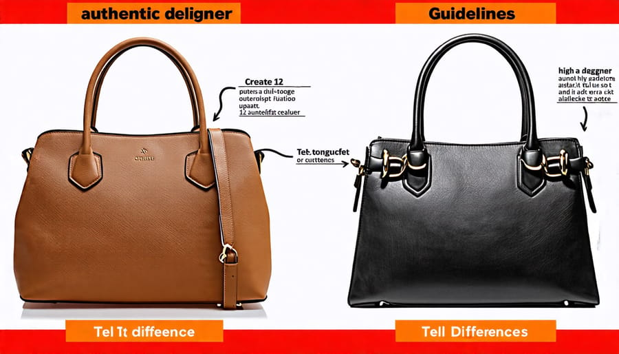 Comparison of genuine and fake designer handbags with distinguishing details noted