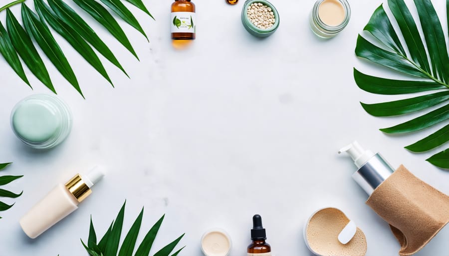 An arranged display of eco-friendly skincare, makeup, and accessories on a neutral background