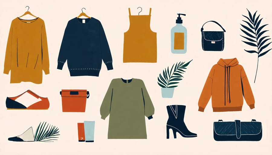 A stylish assortment of eco-friendly fashion pieces and sustainable beauty items