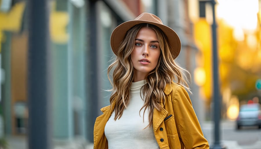 Fashionable woman wearing stylish, eco-friendly clothing in the city