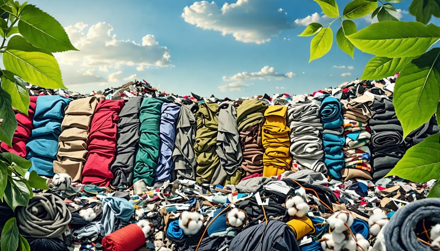 A collage depicting fast fashion waste with towering piles of discarded clothing on one side and an array of sustainable fabrics like organic cotton and hemp on the other, illustrating the shift to eco-friendly fashion.