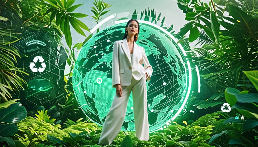 A stylish model wearing a trendy outfit made from organic cotton, hemp, and Tencel, standing in a lush environment with elements representing recycling, ethical fashion, and blockchain technology, symbolizing the sustainable fashion revolution.