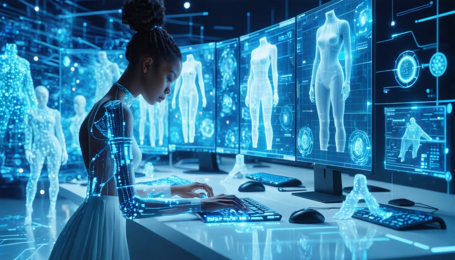 Collage showcasing designers using AI tools and holographic displays to create innovative fashion, featuring 3D-printed garments and smart fabrics on a virtual runway.