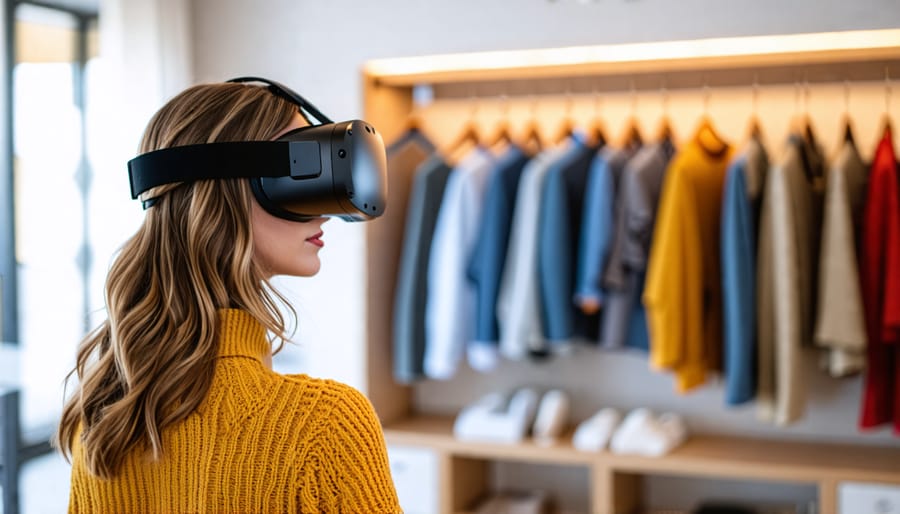 Virtual fitting room experience with woman wearing VR headset