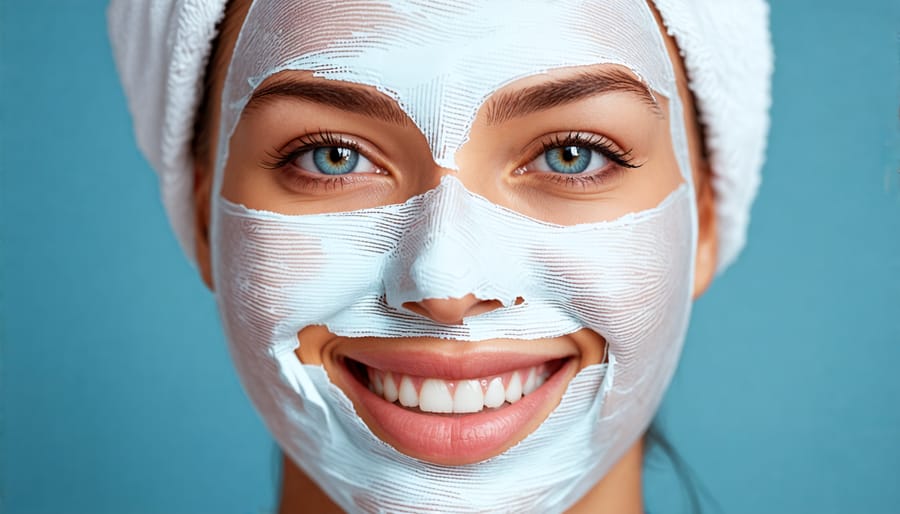 Happy woman relaxing with facial sheet mask