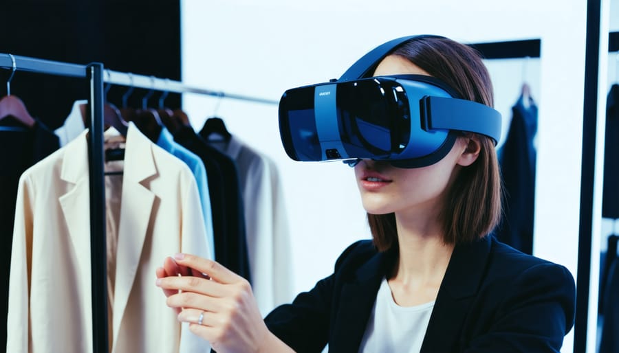 Designer immersed in virtual reality, crafting digital fashion pieces