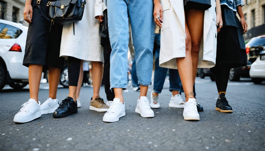 Fashionable individuals showcasing the versatility of dress sneakers, styled with a variety of outfits in a bustling city environment.