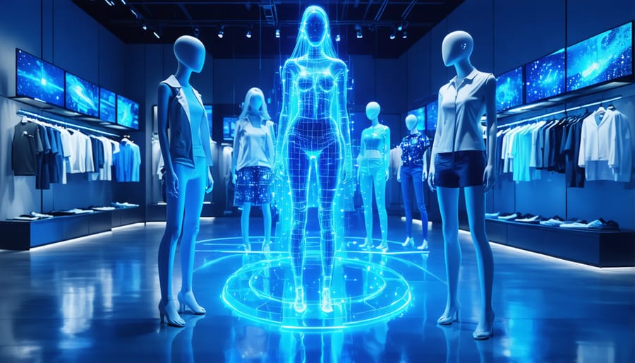 A futuristic fashion boutique displaying technologically advanced clothing with smart functionality, surrounded by interactive digital interfaces and holographic displays.