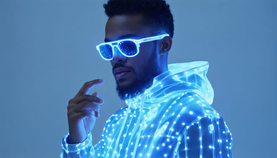 Model wearing interactive smart garment with color-changing and light-emitting features