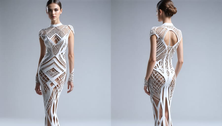 3D printed custom couture dress with complex geometric pattern fitting the model precisely