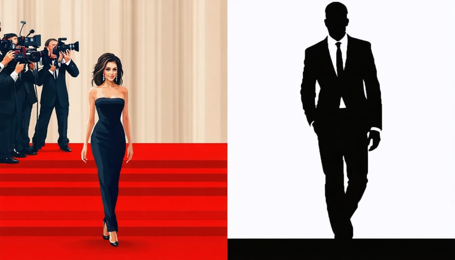 A conceptual comparison between an A-list celebrity on the red carpet and a Z-list celebrity in an everyday, aspirational setting.