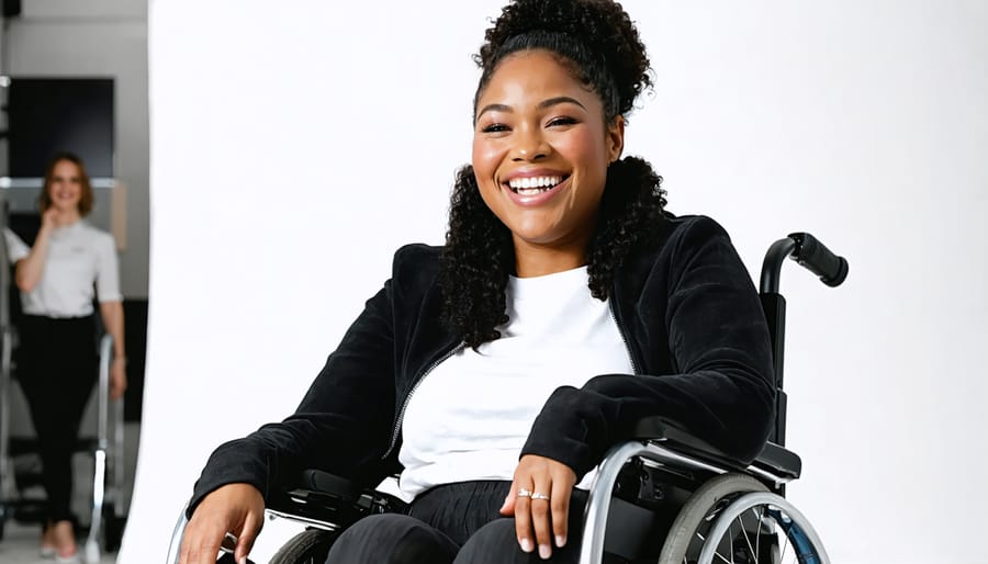 Woman in wheelchair modeling fashionable adaptive clothing and smiling