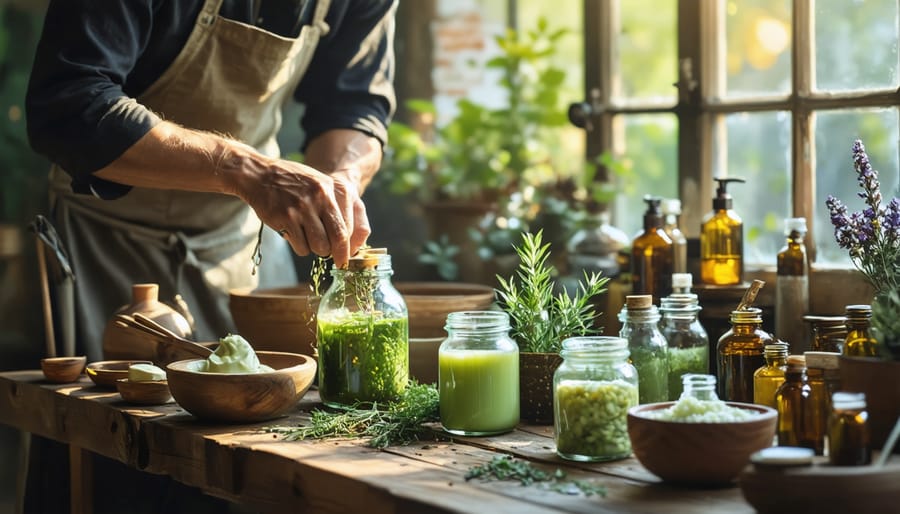 A skilled artisan carefully crafting skincare products using natural ingredients on a sunlit wooden table, highlighting the artisanal approach to beauty.