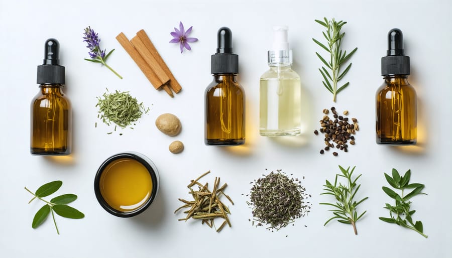 Assortment of artisanal skincare products and natural ingredients arranged in a flatlay