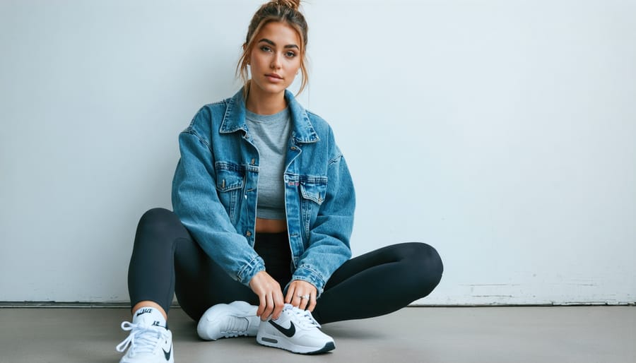 Stylish athleisure outfit combining leggings, a tee, Nike shoes, and a denim jacket