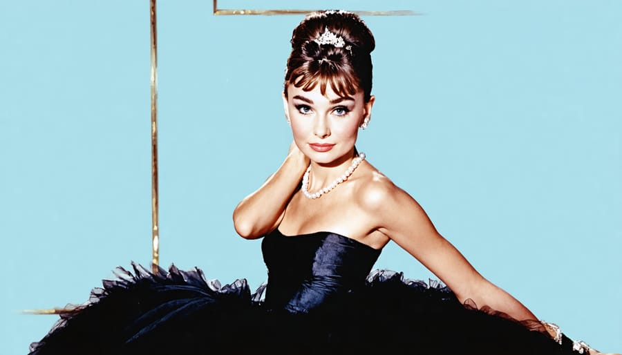 Audrey Hepburn in a sleeveless black dress with a fitted bodice and full skirt, accessorized with pearls and long black gloves