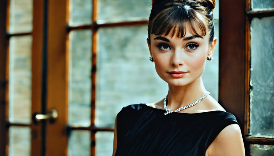 Audrey Hepburn in a sleeveless black dress with a pearl necklace