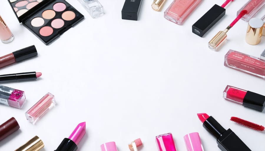 An assortment of beauty products from a subscription box displayed on a table