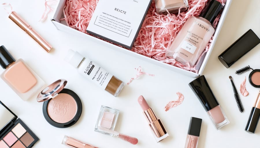 A stylish flatlay of diverse beauty products from a subscription box, including skincare, makeup, and grooming tools, elegantly displayed on a chic vanity.