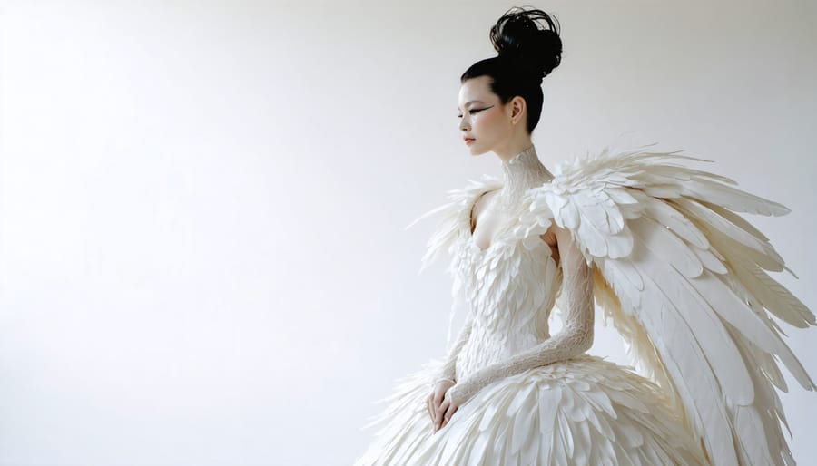 Bjork in a white dress resembling a swan draped around her neck