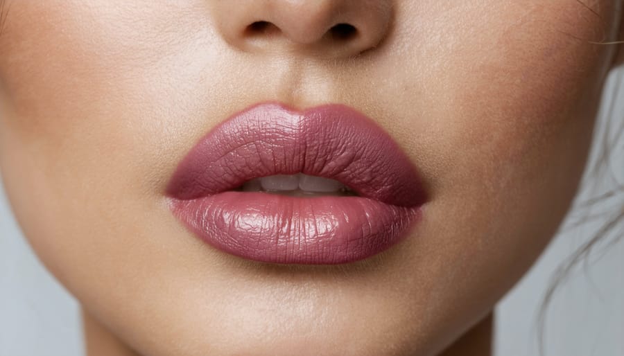 Model with daring, dark matte plum lip color