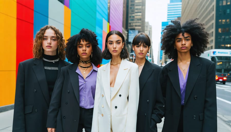 "Diverse individuals modeling gender-neutral clothing, including oversized blazers and straight-leg pants, with unisex accessories in an inclusive cityscape setting, exemplifying modern inclusive fashion."