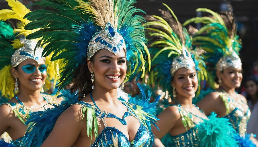 Performers wearing vibrant feathered outfits at Carnival celebration