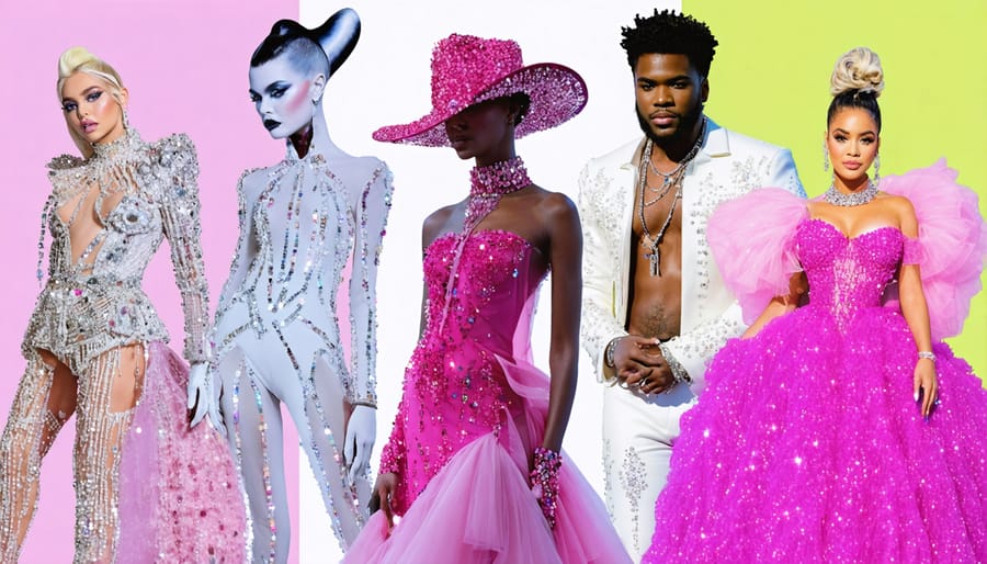 A creative collage depicting iconic celebrity outfits known for pushing fashion boundaries, featuring Lady Gaga's meat dress, Björk's swan dress, Rihanna's Swarovski gown, Lil Nas X's pink cowboy look, Cardi B's vintage Mugler oyster dress, and Zendaya's glowing Cinderella gown.