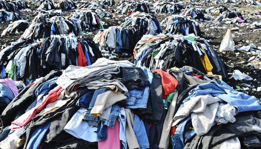 Massive piles of discarded and wasted clothing in a landfill, highlighting textile waste