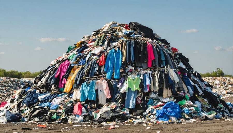 Large pile of wasted clothes and textiles in a garbage dump