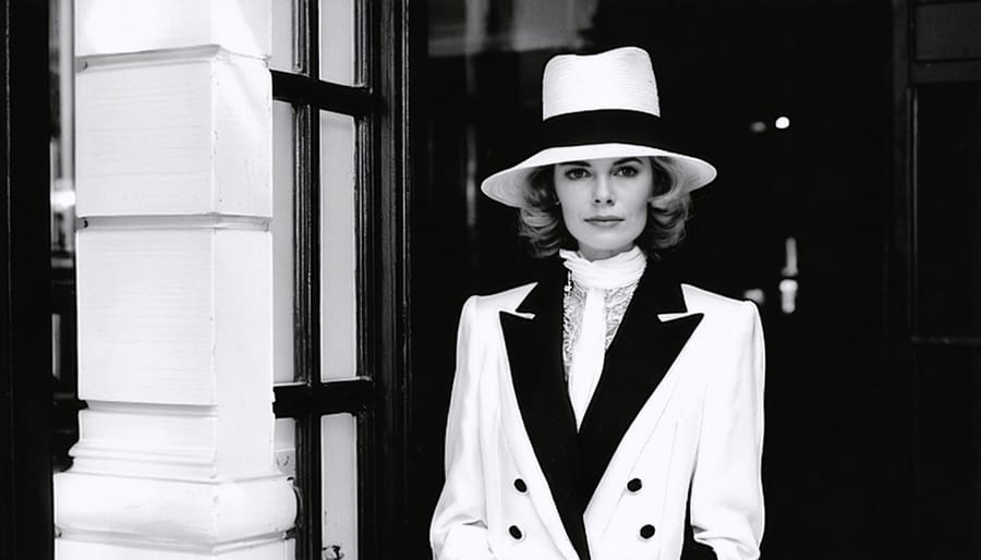 Historical photograph of Coco Chanel wearing her signature suit while working in her Paris fashion house