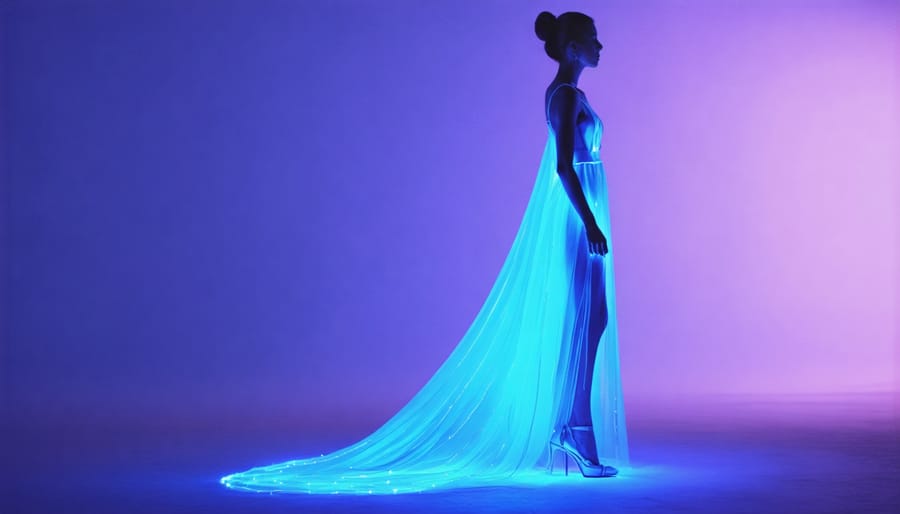 Color-changing dress inspired by chameleons, shifting from blue to purple